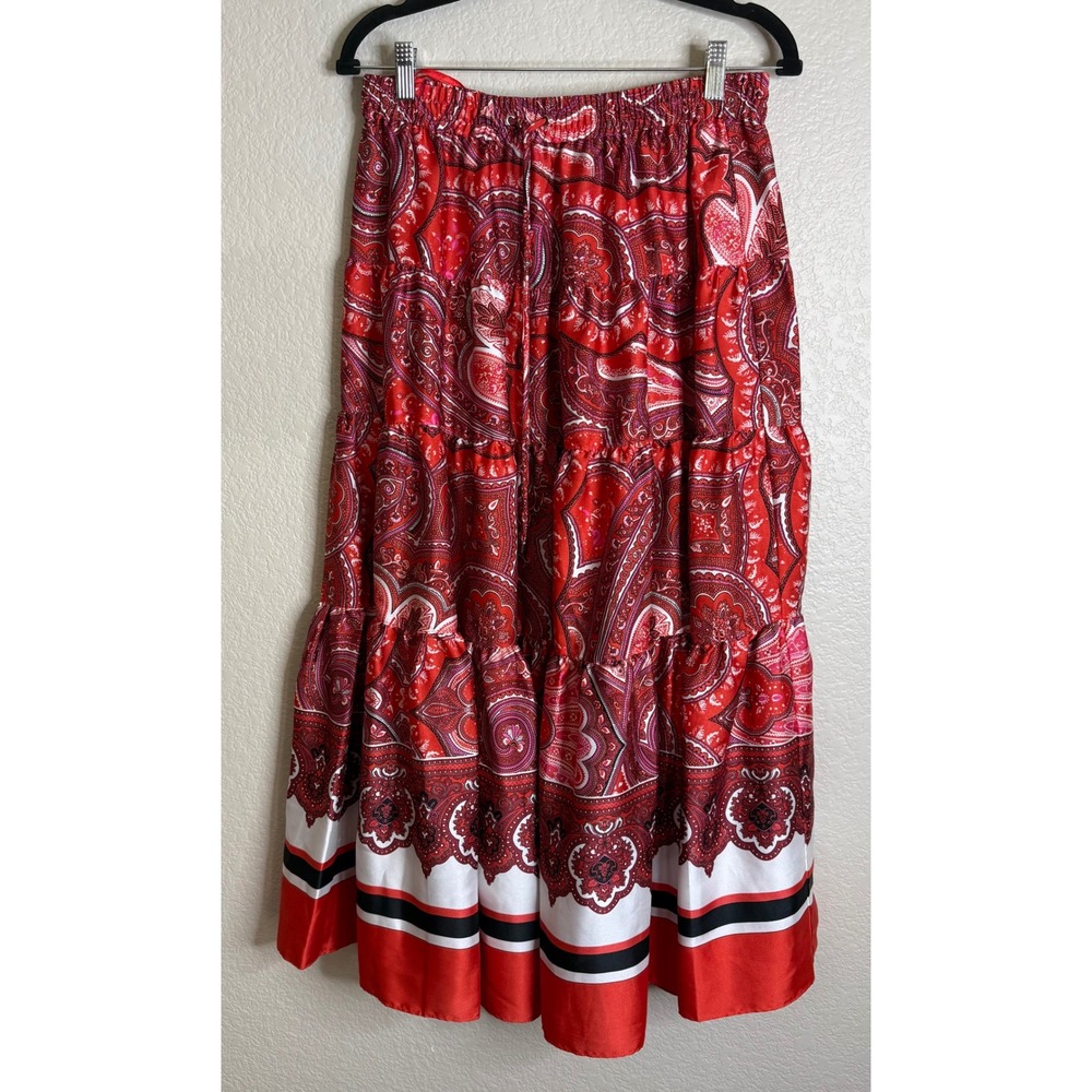 Ralph Lauren LRL Womens M Maxi Skirt‎ Red Paisley Tiered Boho Festival Western